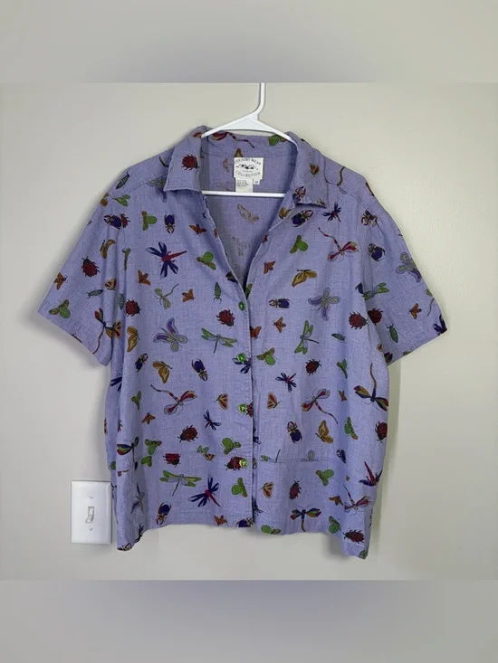 Vintage Purple Linen Blend Bug Patterned Button Up - Picture 13 of 13